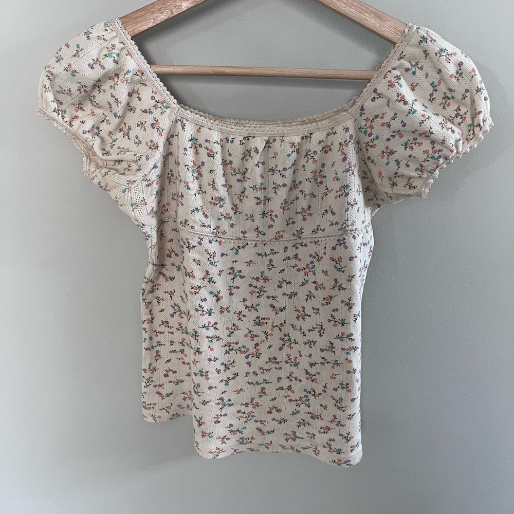 Moon Crown Floral Pointelle Knit Top Cream Puff Sleeve Lace Trim Cottagecore M